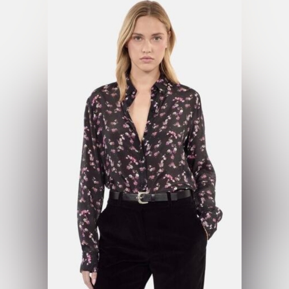 KOOPLES Rose Field Black Pink Floral Silk Blouse NWT Sz L